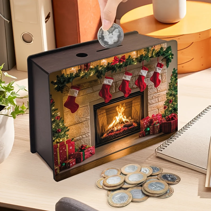 Tirelire en bois décor de cheminée de Noël allumée — 19 cm