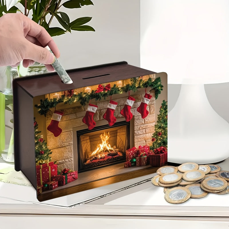Tirelire en bois décor de cheminée de Noël allumée — 19 cm