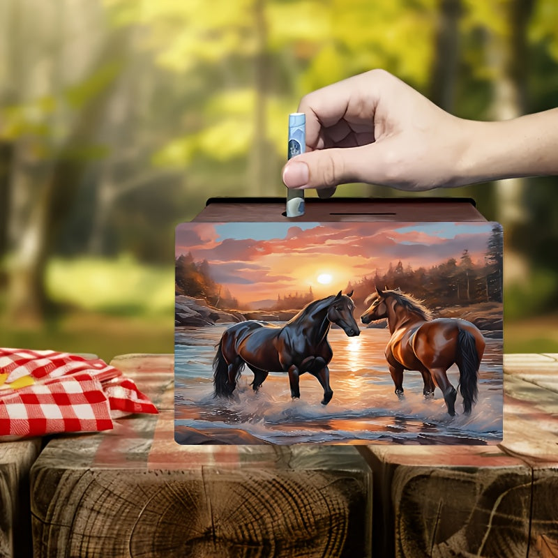 Tirelire coffret bois, deux chevaux au coucher du soleil