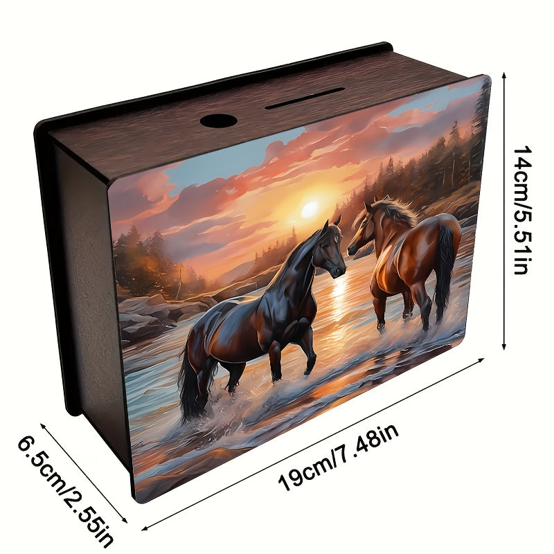 Tirelire coffret bois, deux chevaux au coucher du soleil