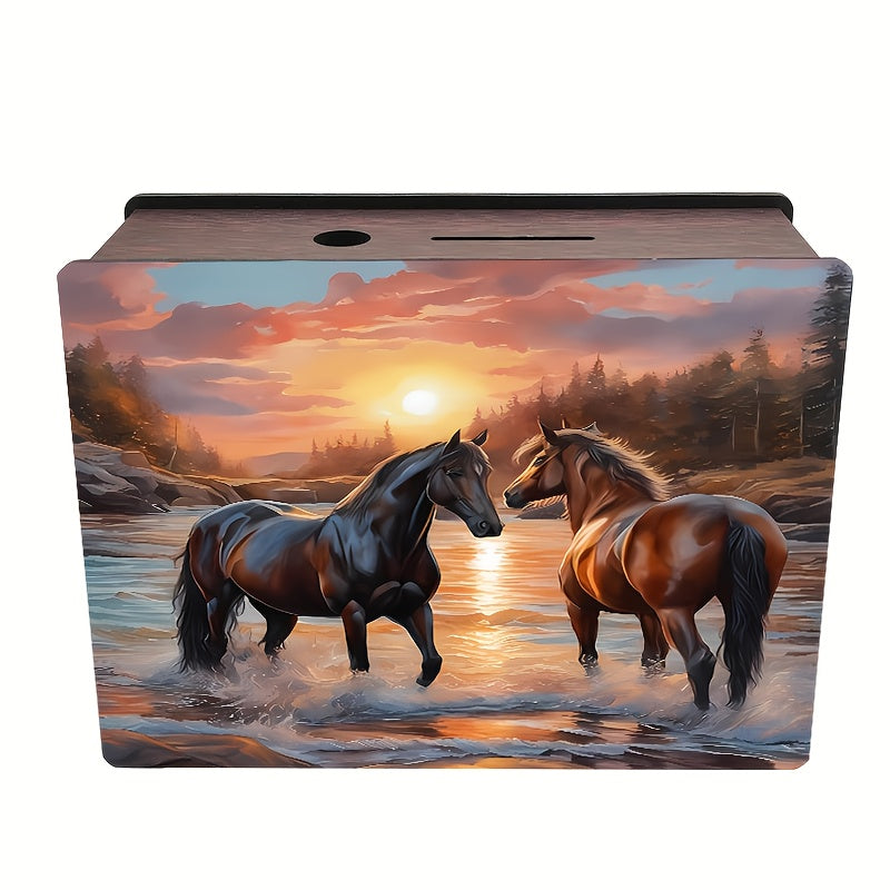 Tirelire coffret bois, deux chevaux au coucher du soleil