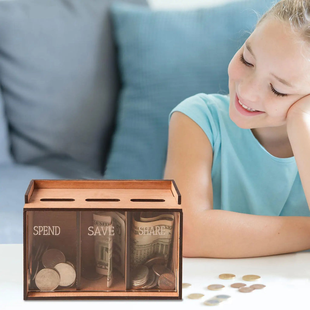 Tirelire pour enfant en bois, trois cases bien séparées