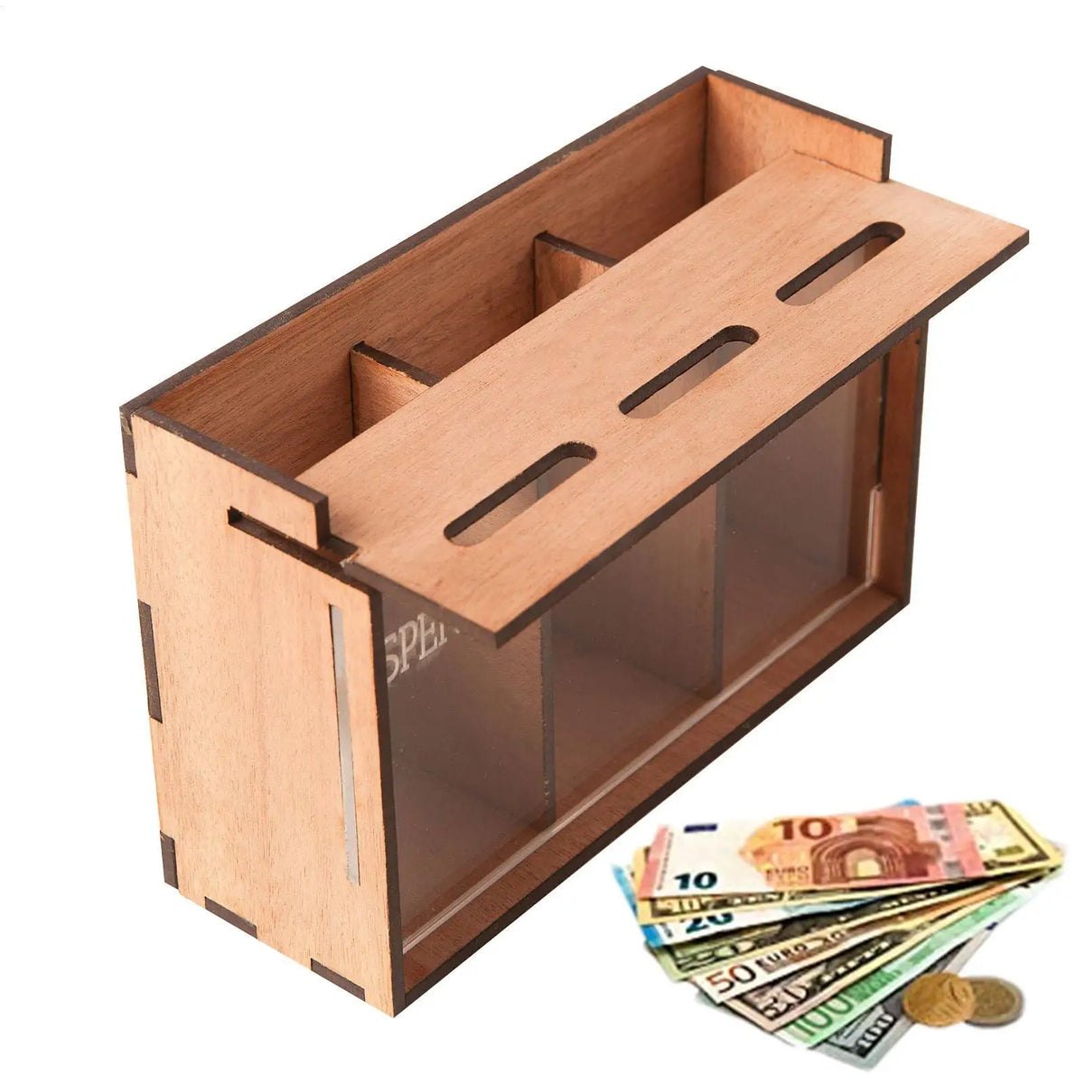 Tirelire pour enfant en bois, trois cases bien séparées
