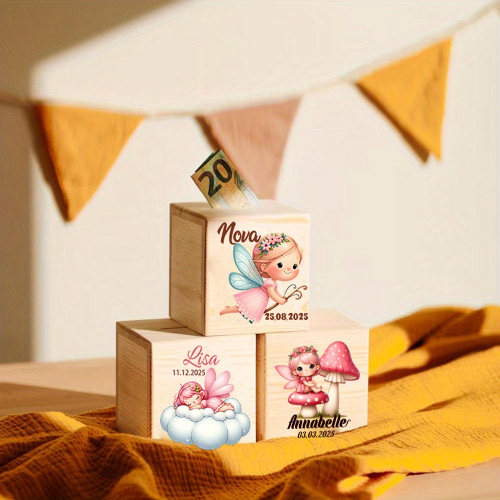 Tirelire cube en bois, motif de fée pour chambre d'enfant
