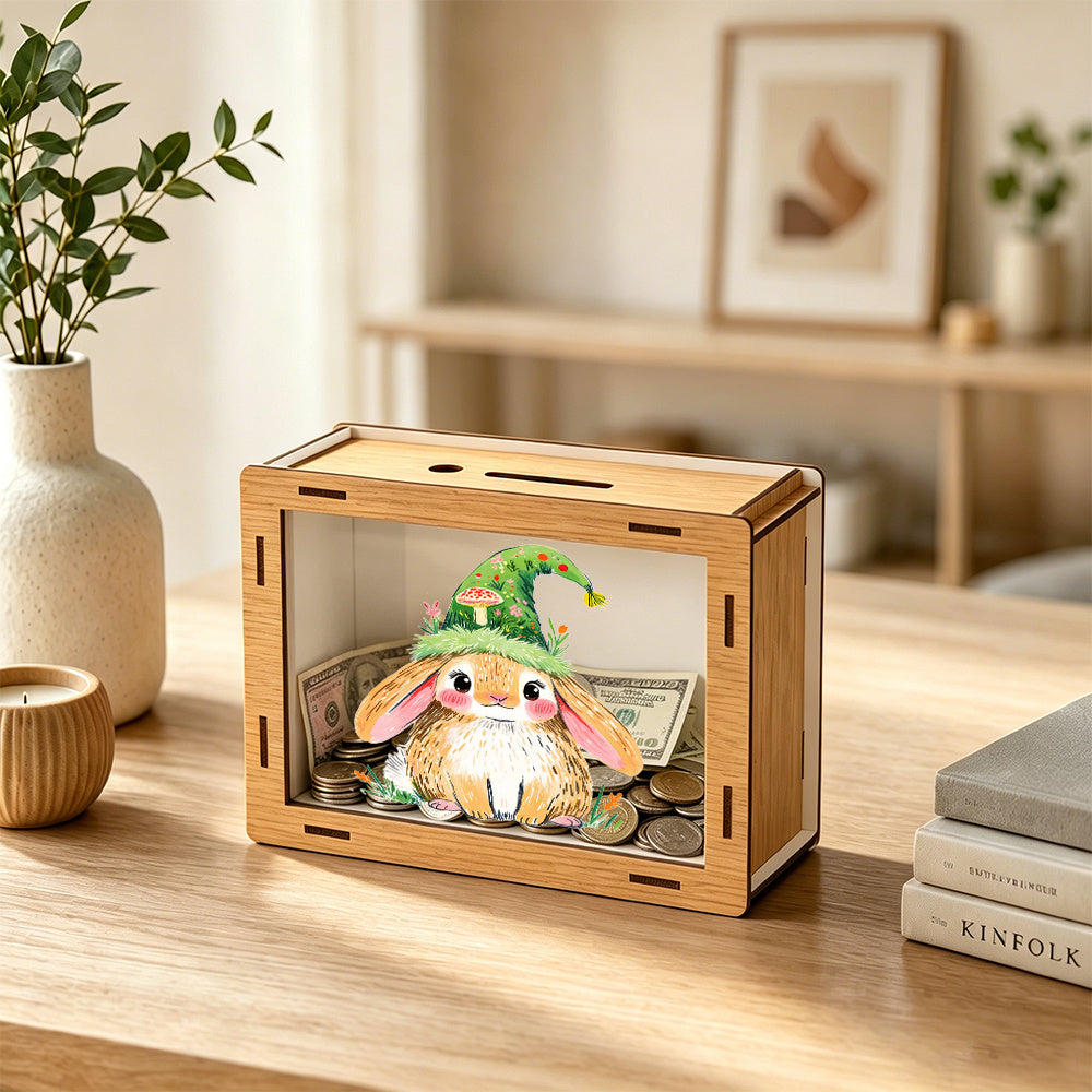 Tirelire en bois à fenêtre transparente, lapin au chapeau