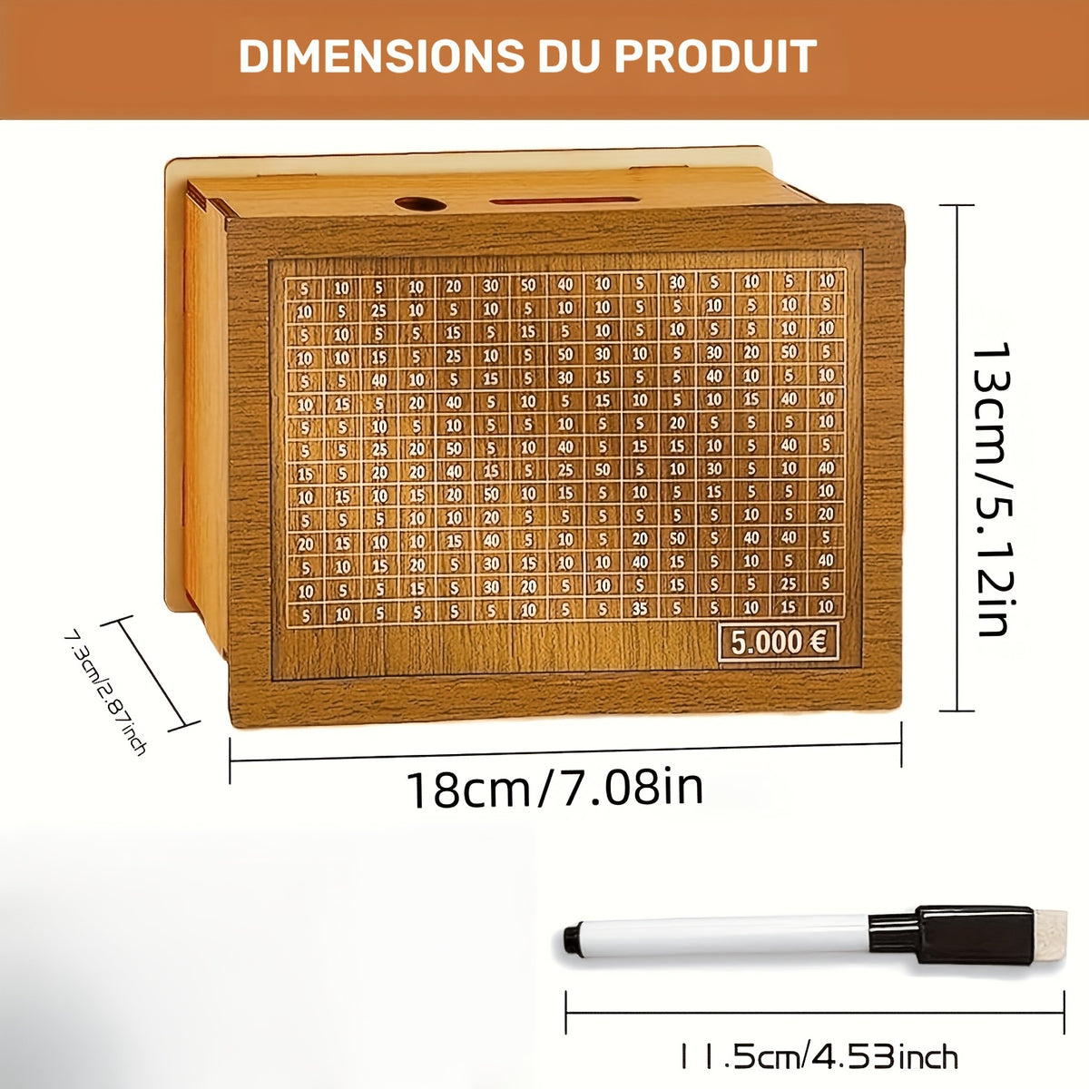 Tirelire en bois à grille effaçable, objectif 3000 ou 5000 €