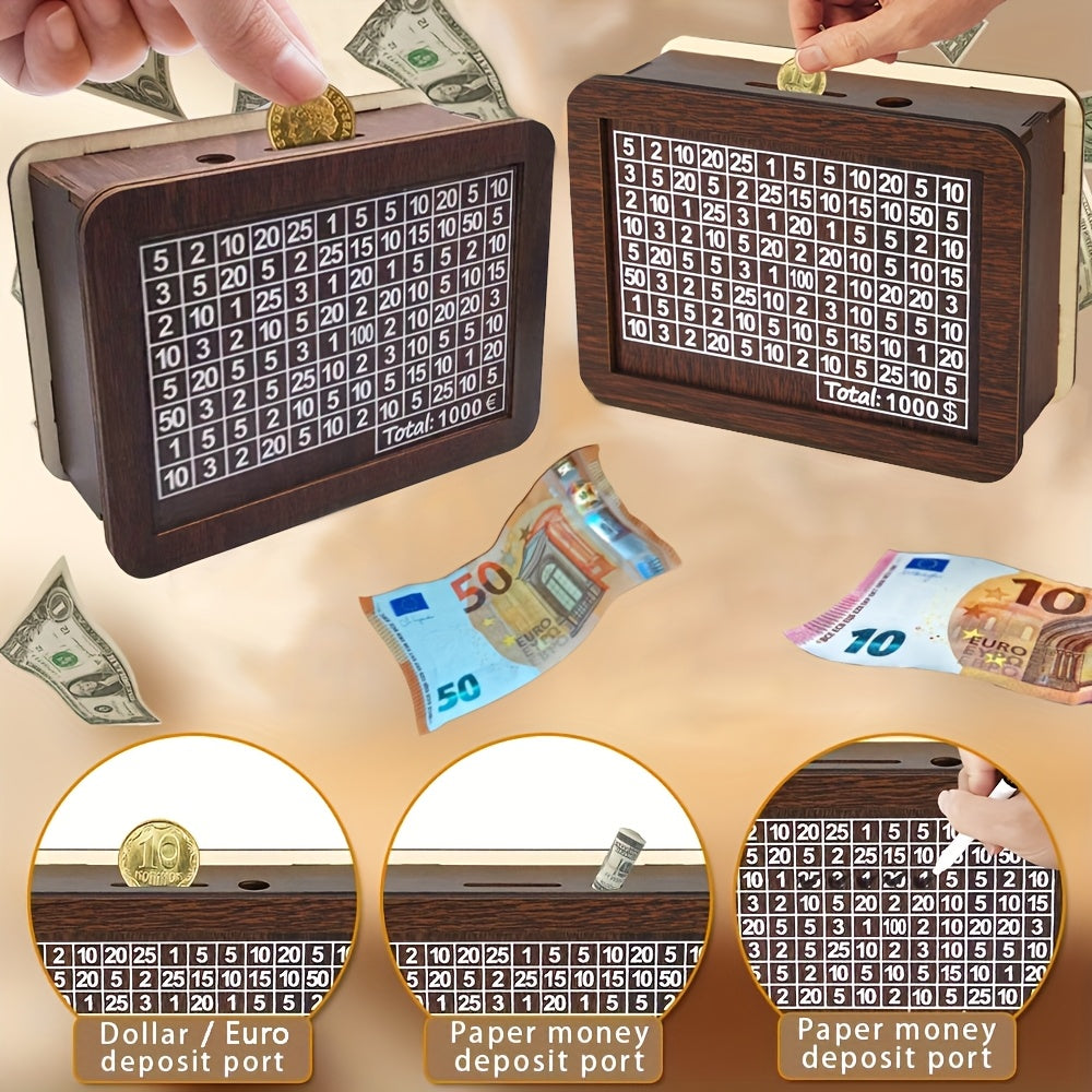 Tirelire en bois avec grille d'objectif d'épargne à cocher