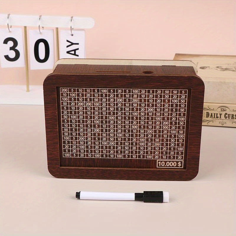 Tirelire en bois avec grille d'objectif d'épargne à cocher