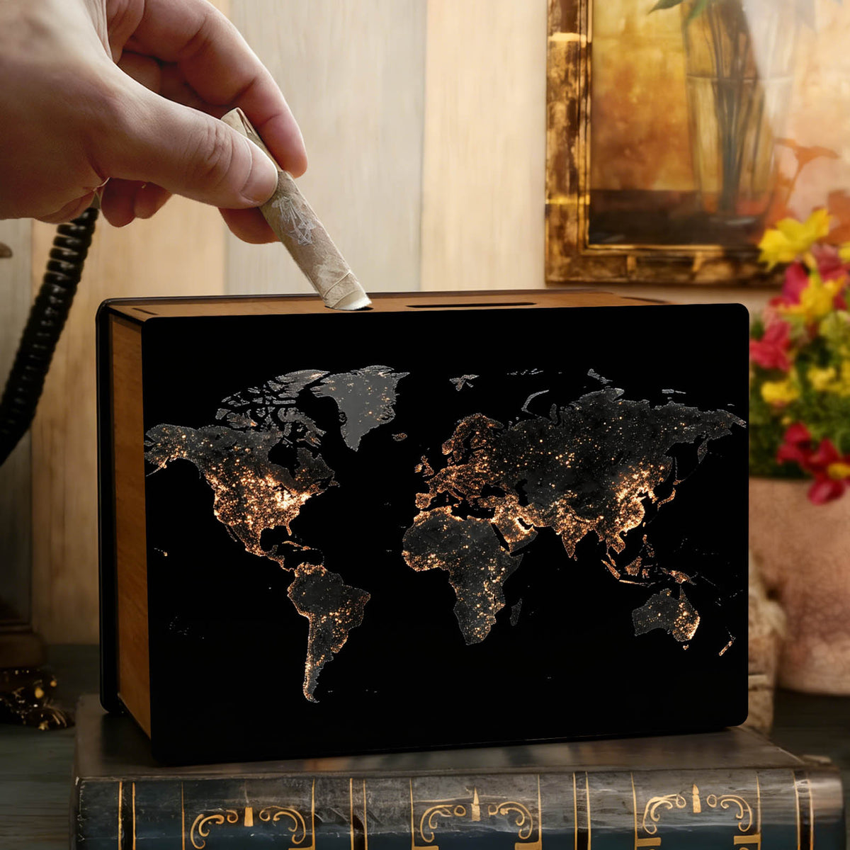 Tirelire coffret bois à mappemonde de et grille au dos