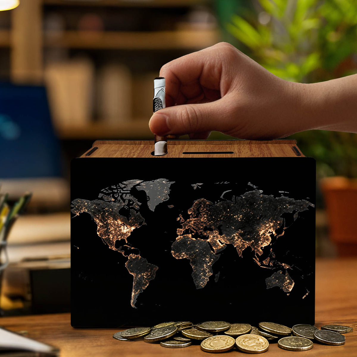 Tirelire coffret bois à mappemonde de et grille au dos