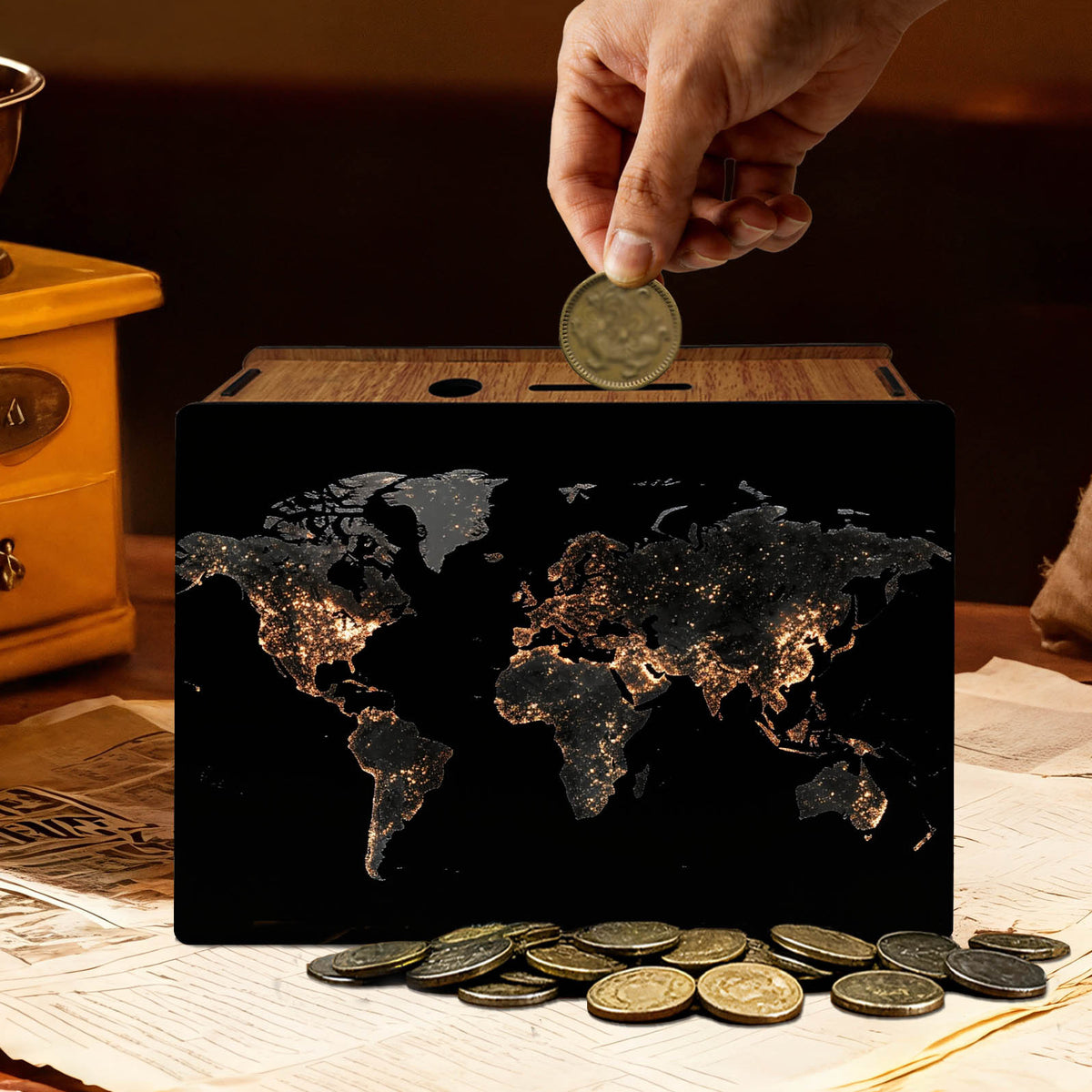 Tirelire coffret bois à mappemonde de et grille au dos
