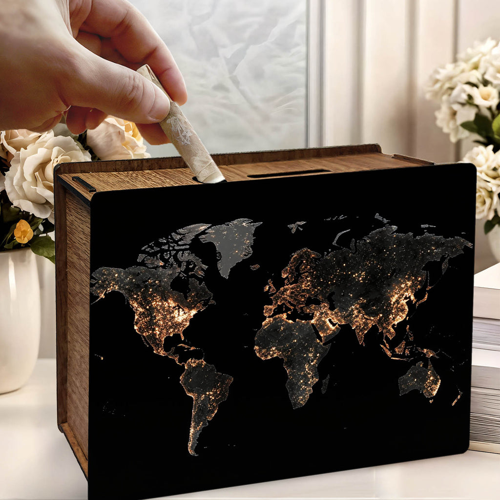 Tirelire coffret bois à mappemonde de et grille au dos