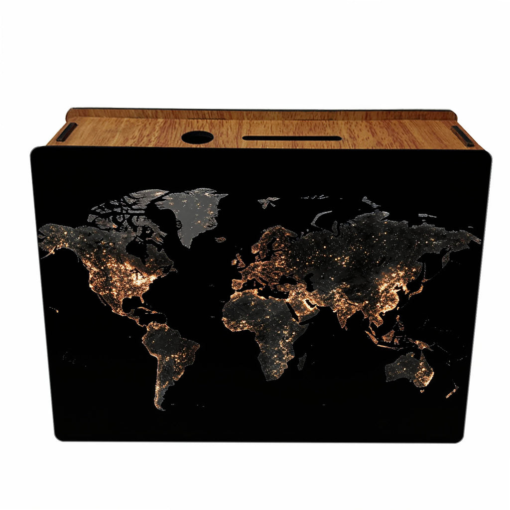 Tirelire coffret bois à mappemonde de et grille au dos