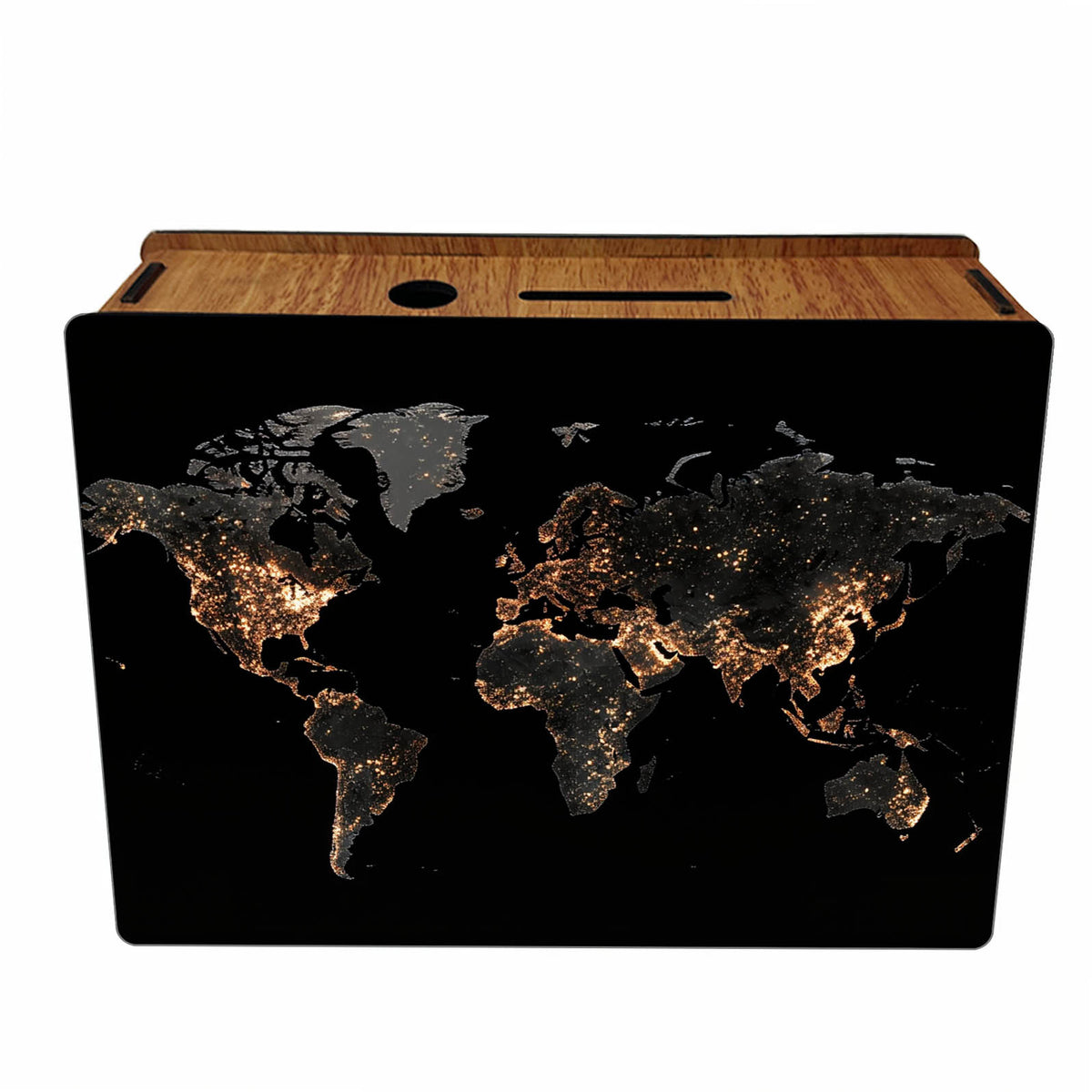 Tirelire coffret bois à mappemonde de et grille au dos