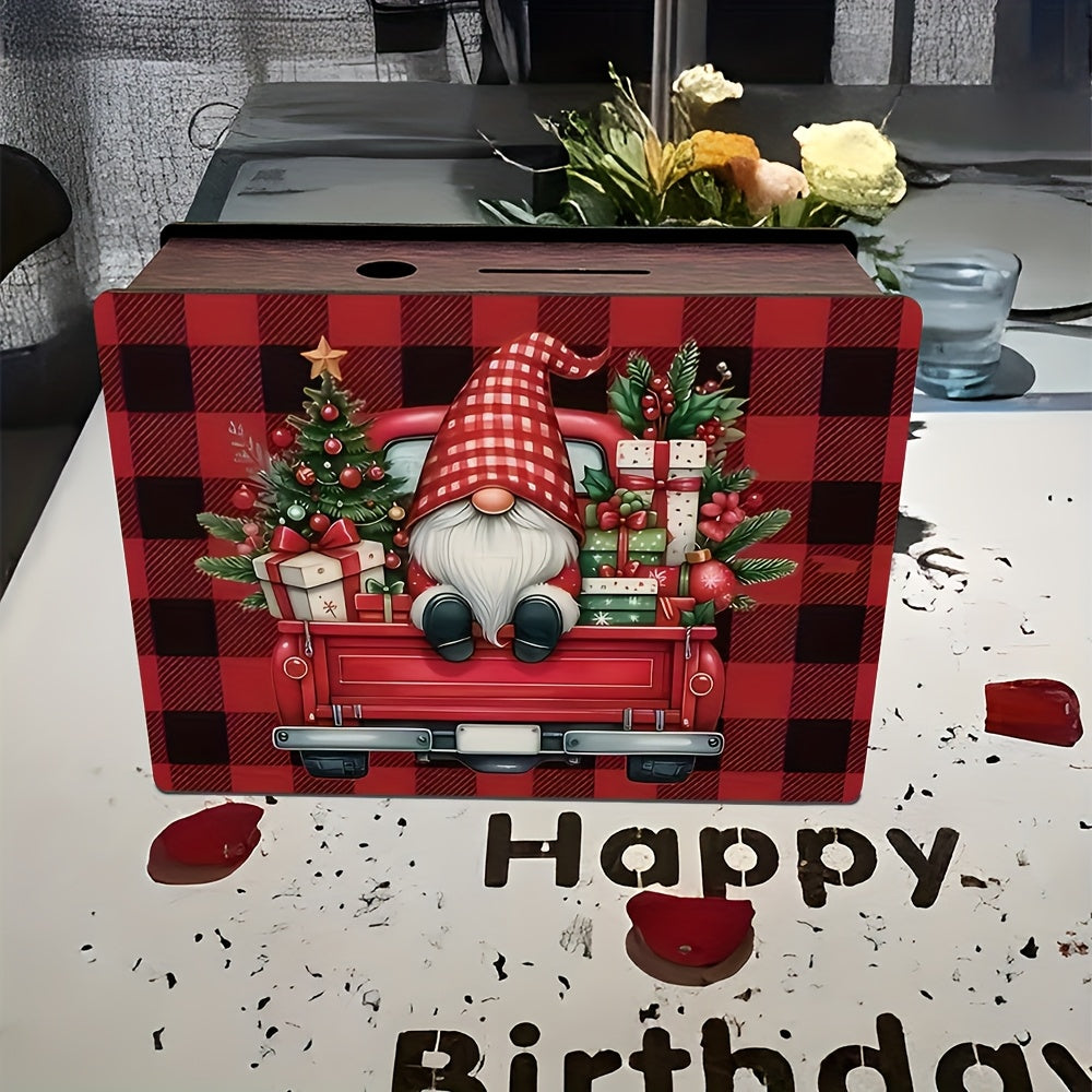 Tirelire en bois à carreaux rouge et noir — lutin et pick-up