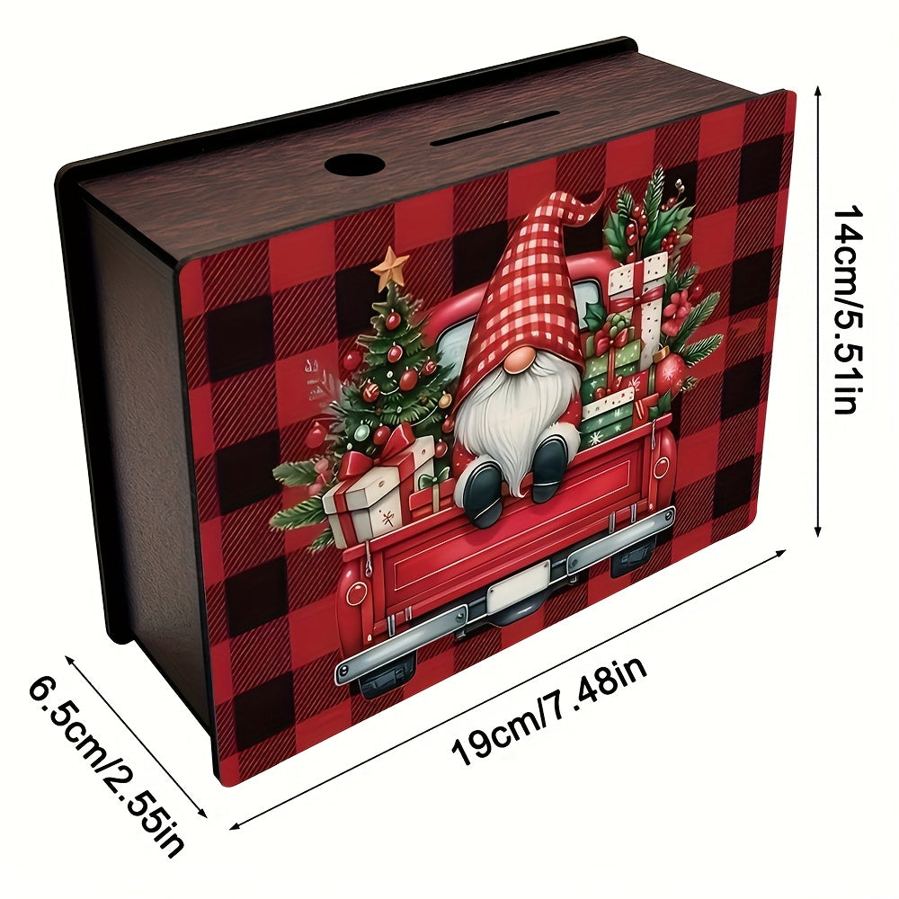 Tirelire en bois à carreaux rouge et noir — lutin et pick-up