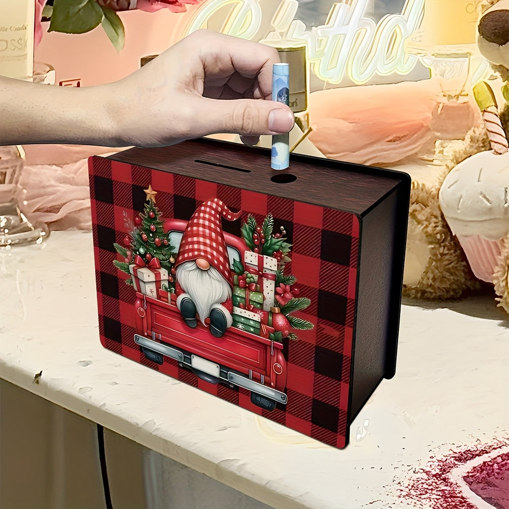 Tirelire en bois à carreaux rouge et noir — lutin et pick-up