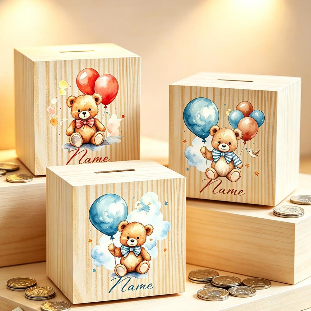 Tirelire cube en bois à motif ourson et ballons aquarellés