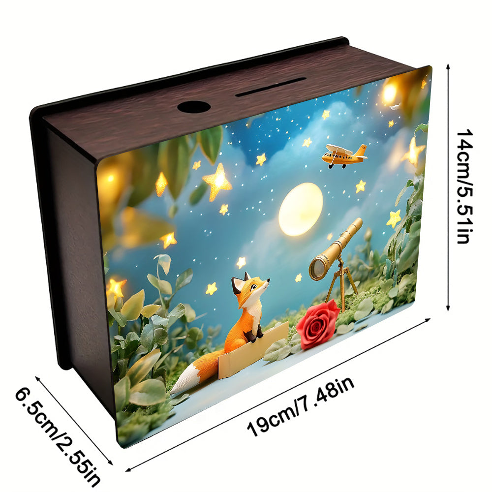 Tirelire coffret en bois, renard sous un étoilé