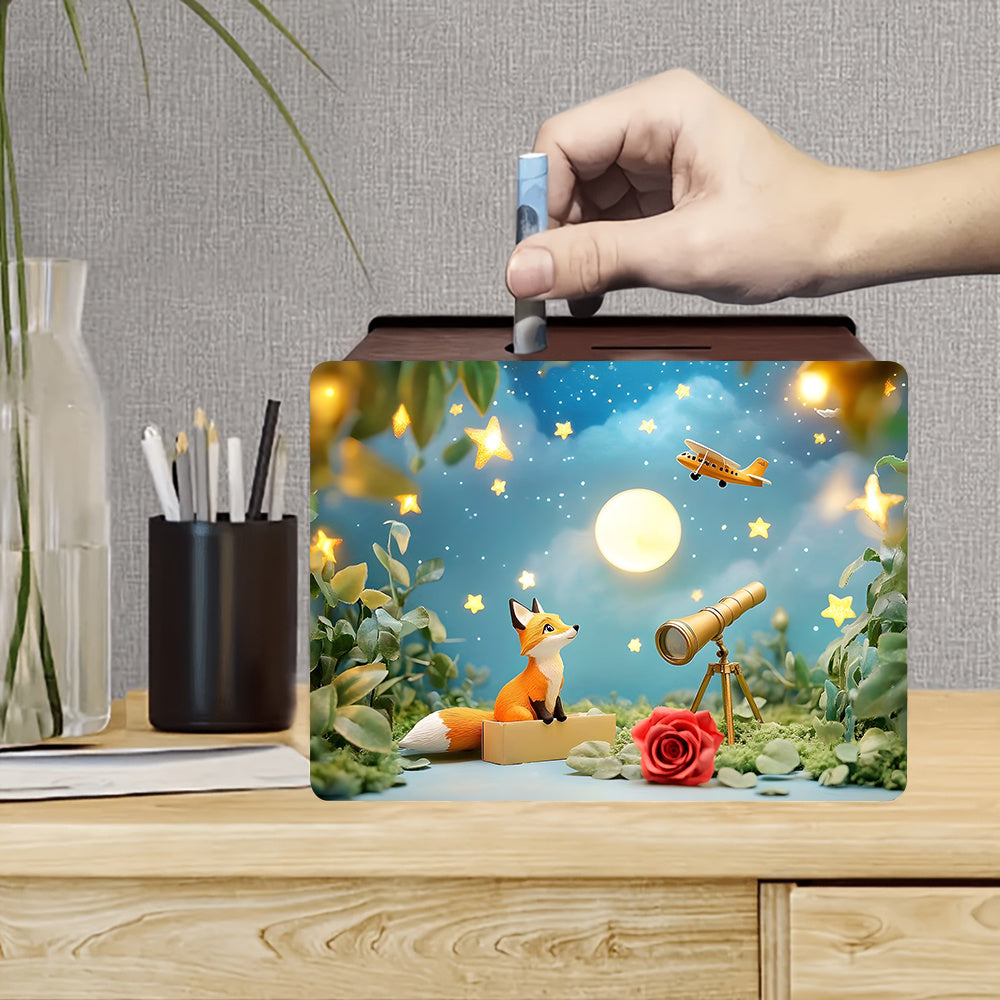 Tirelire coffret en bois, renard sous un étoilé