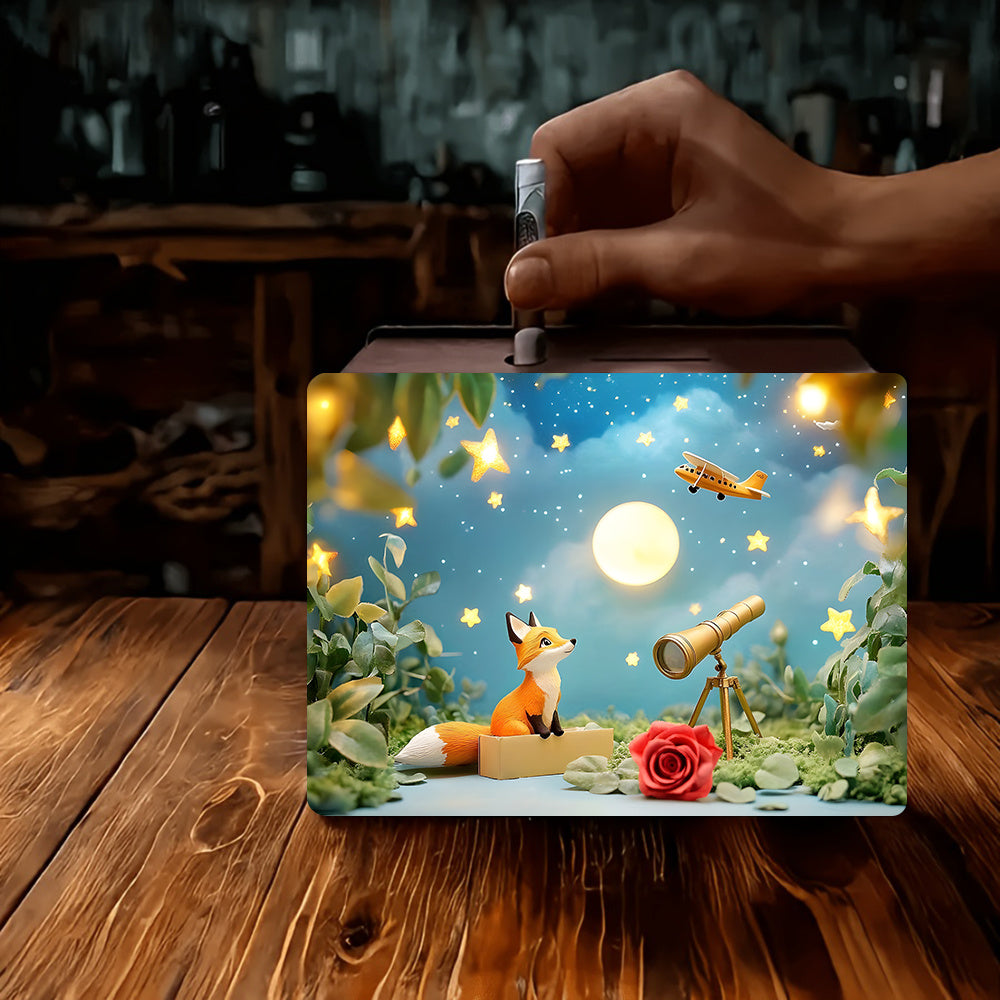 Tirelire coffret en bois, renard sous un étoilé