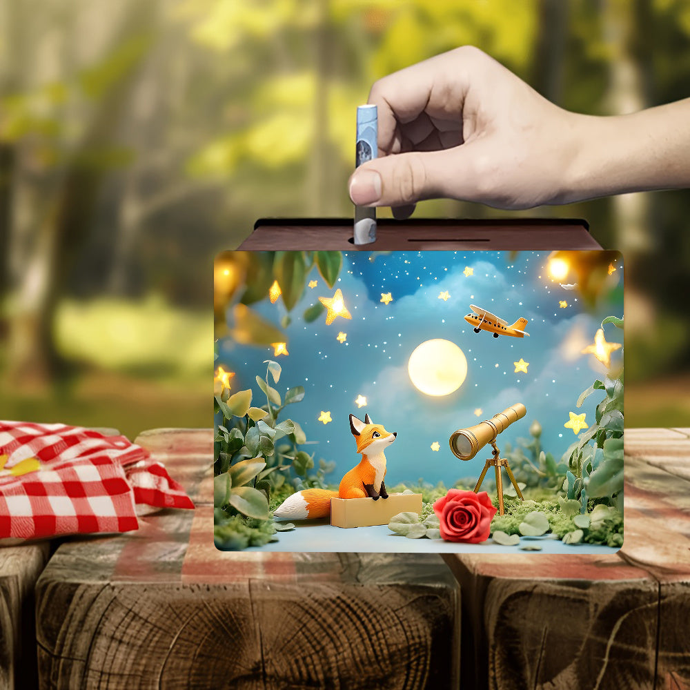 Tirelire coffret en bois, renard sous un étoilé