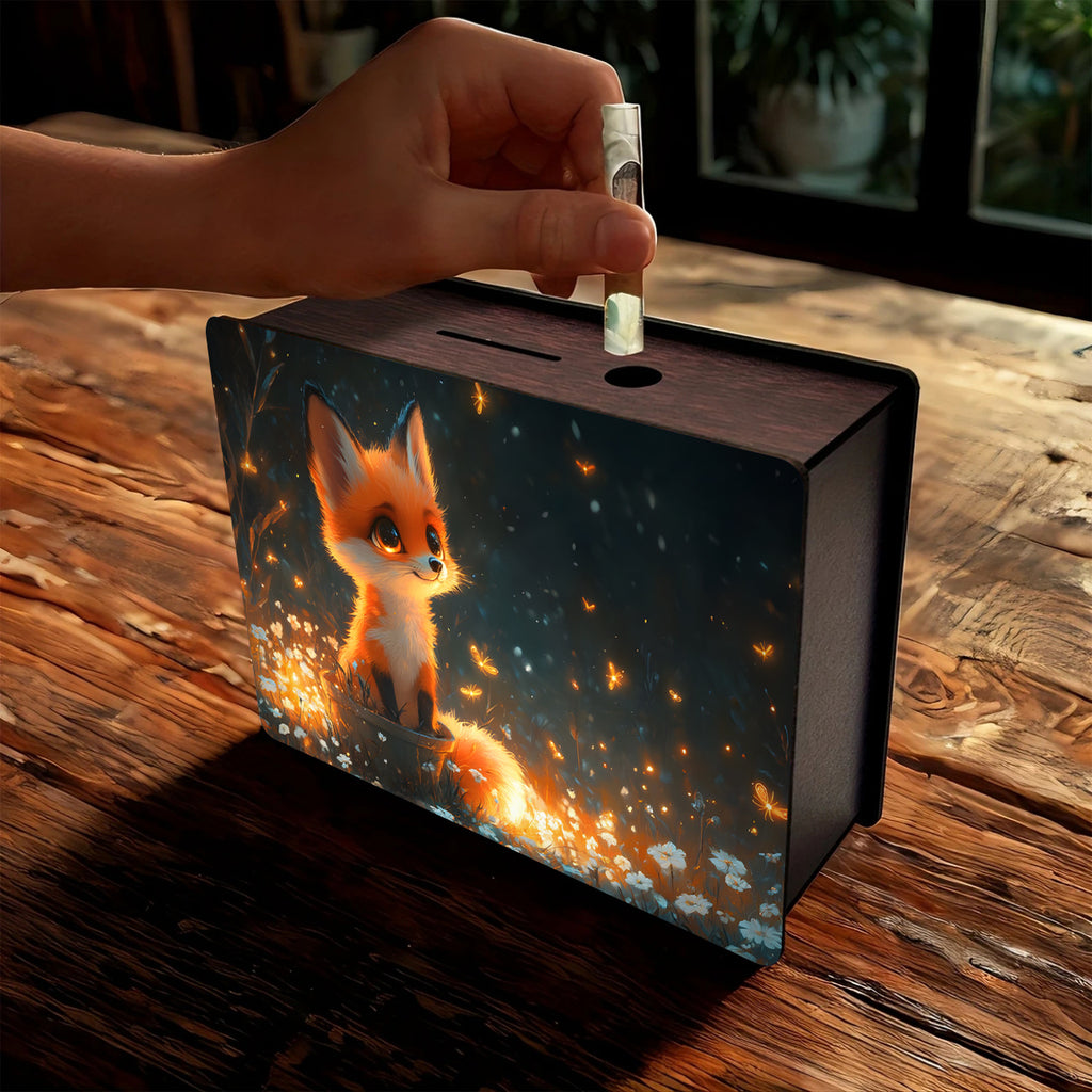 Tirelire coffret en bois, petit renard dans un pré étoilé