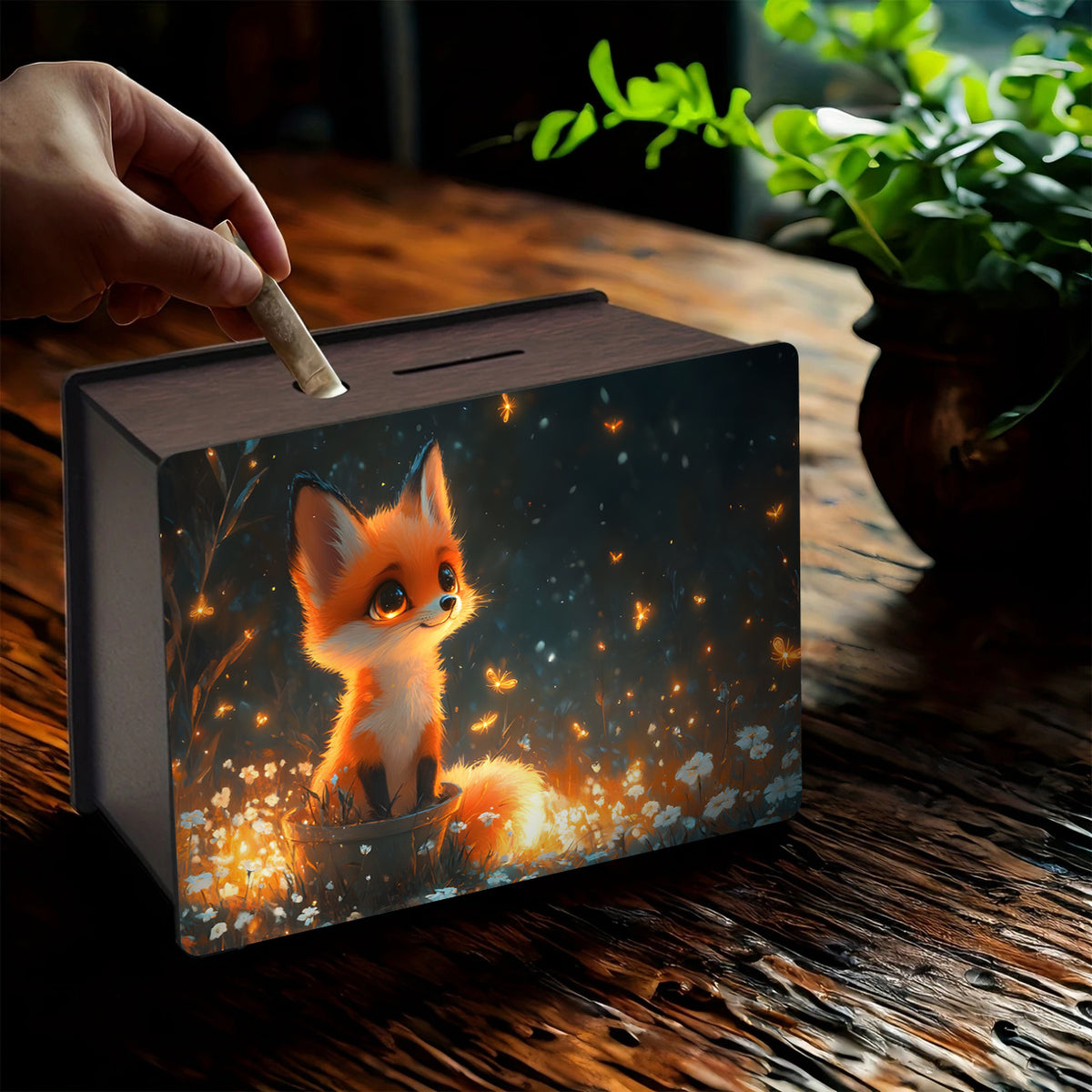 Tirelire coffret en bois, petit renard dans un pré étoilé