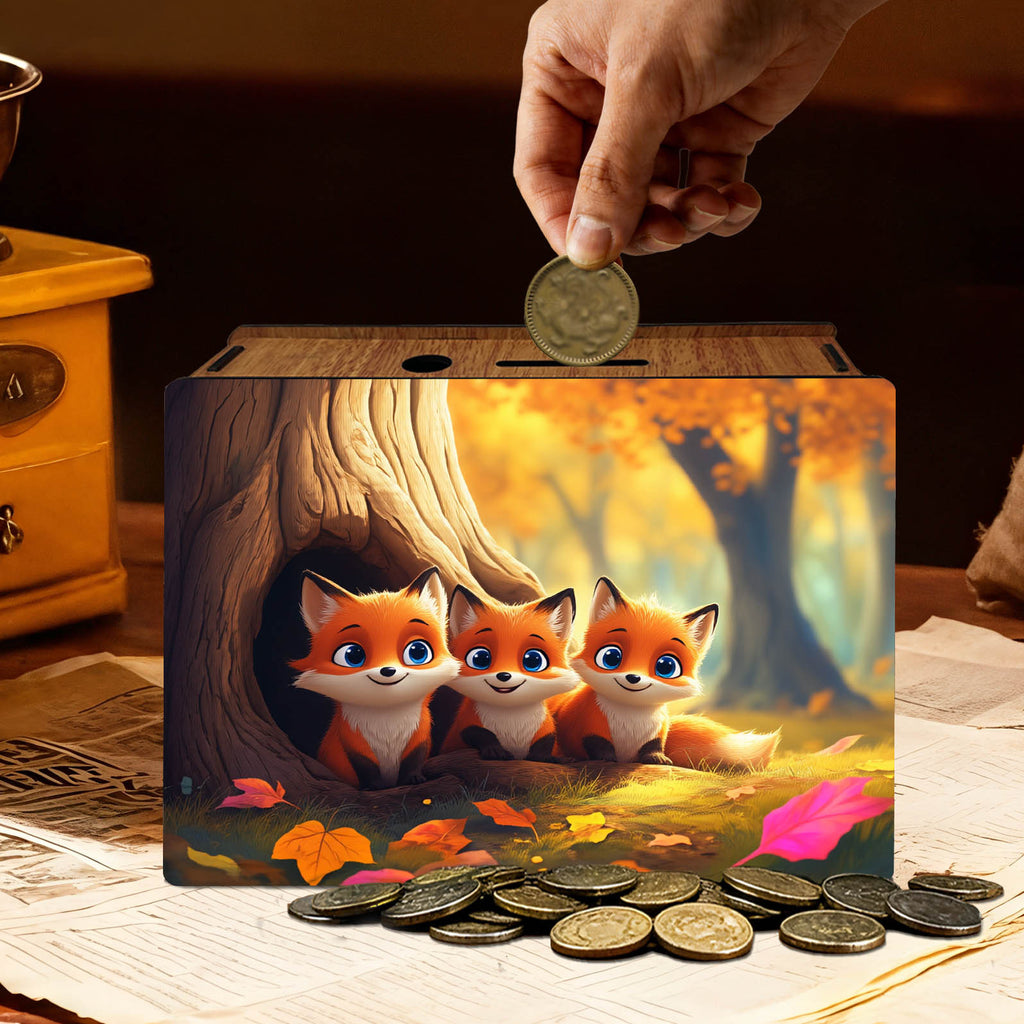 Tirelire coffret en bois, trois renardeaux d'automne, 19 cm