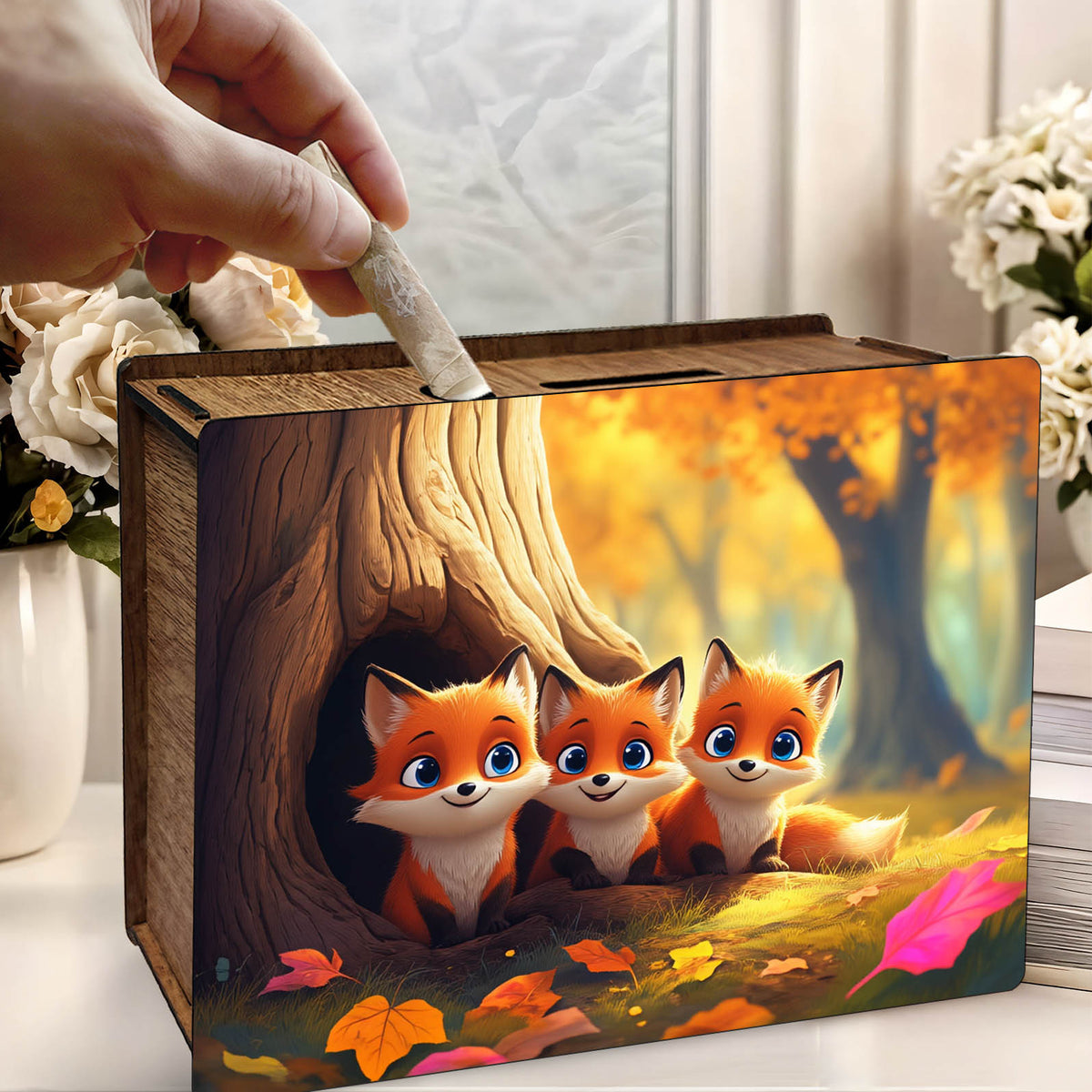 Tirelire coffret en bois, trois renardeaux d'automne, 19 cm