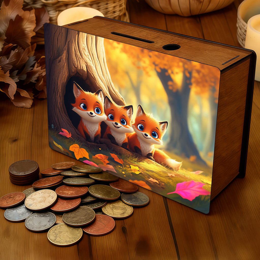 Tirelire coffret en bois, trois renardeaux d'automne, 19 cm