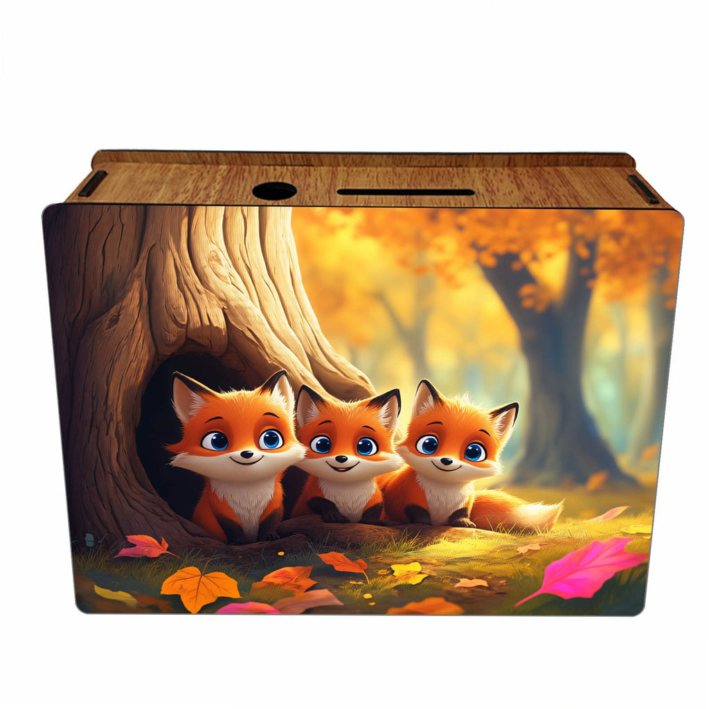 Tirelire coffret en bois, trois renardeaux d'automne, 19 cm