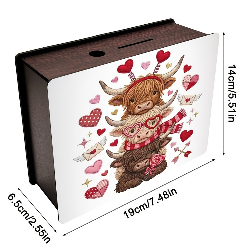 Tirelire boîte en bois trois vaches Highland, motif patchwork