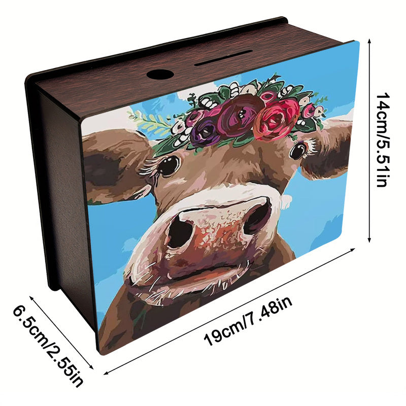 Tirelire boîte en bois vache à couronne de fleurs
