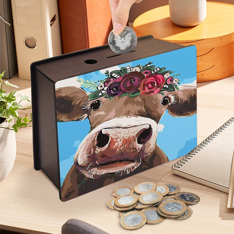 Tirelire boîte en bois vache à couronne de fleurs