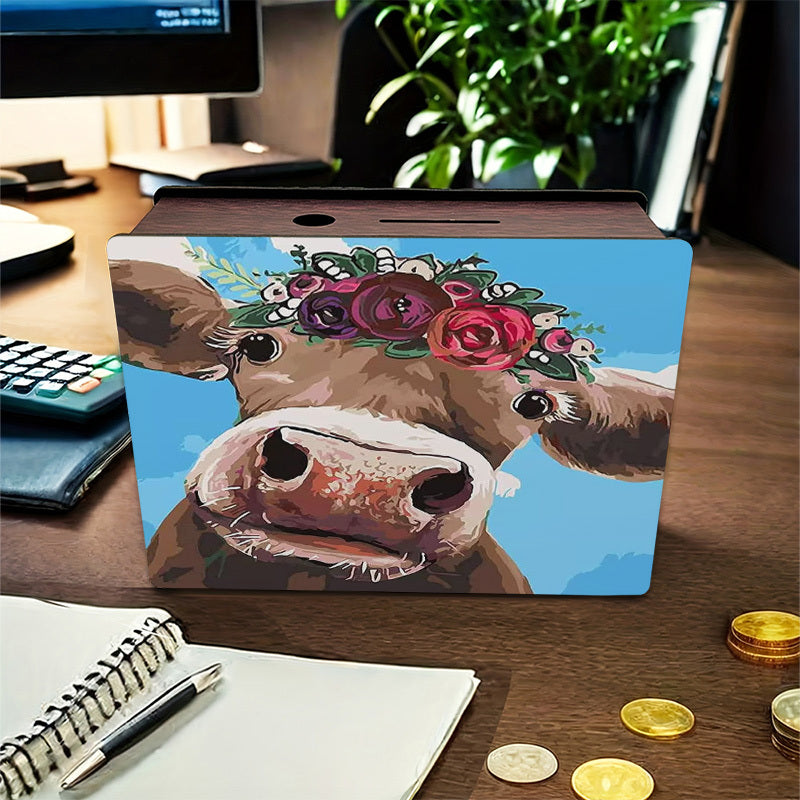 Tirelire boîte en bois vache à couronne de fleurs