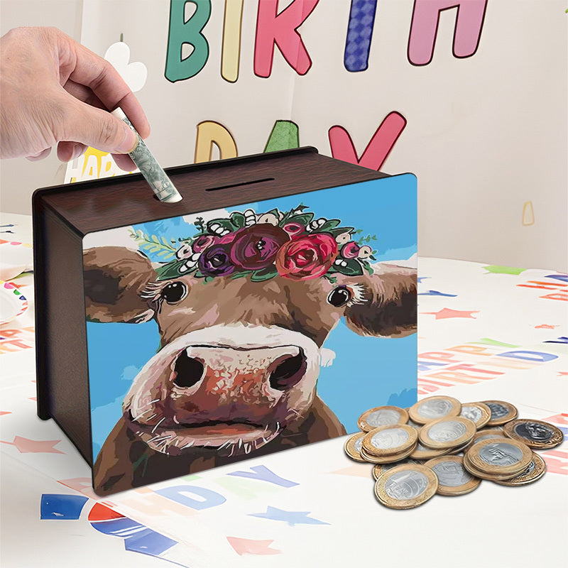 Tirelire boîte en bois vache à couronne de fleurs