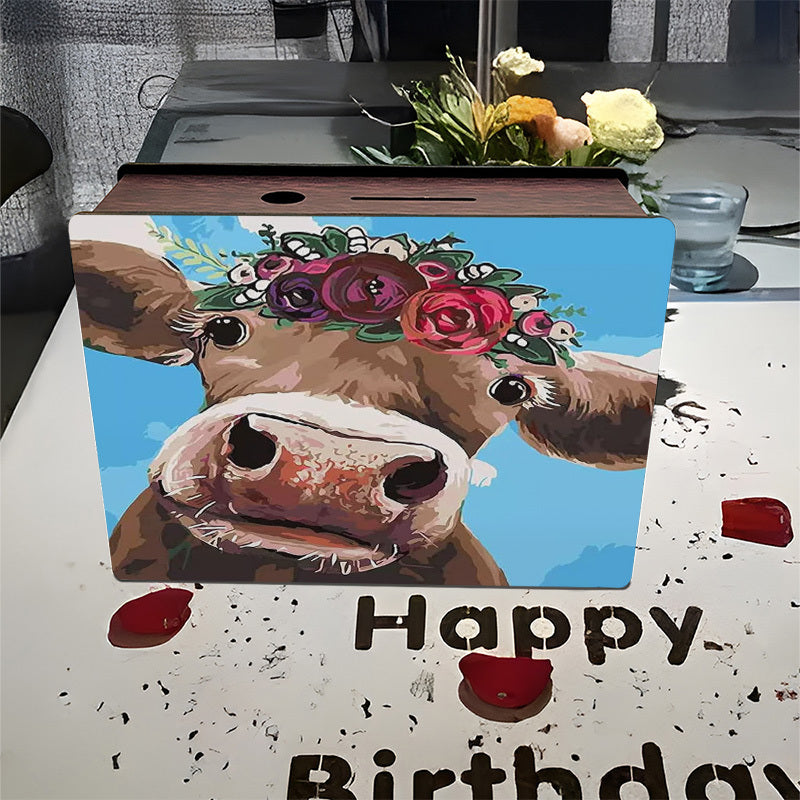 Tirelire boîte en bois vache à couronne de fleurs