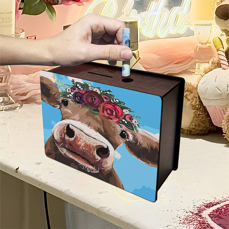 Tirelire boîte en bois vache à couronne de fleurs