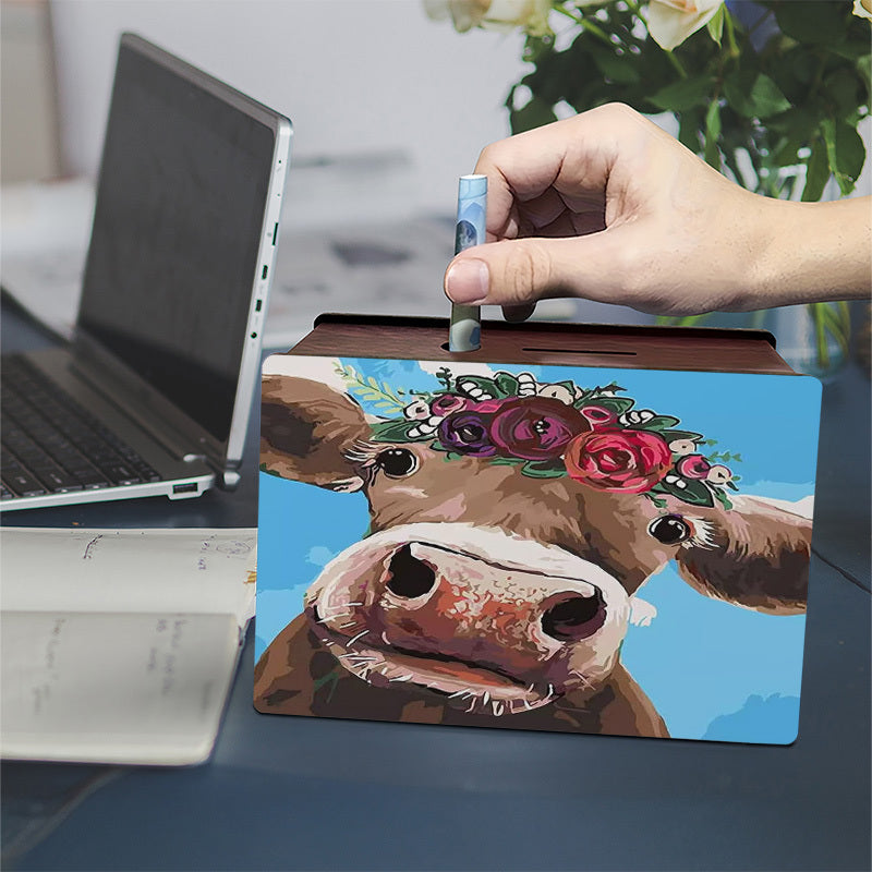 Tirelire boîte en bois vache à couronne de fleurs