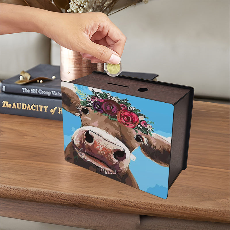 Tirelire boîte en bois vache à couronne de fleurs