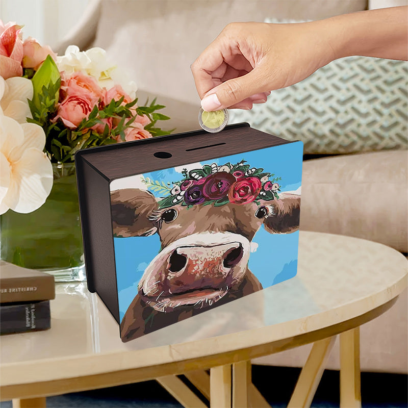 Tirelire boîte en bois vache à couronne de fleurs