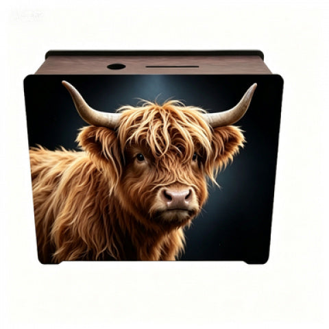Tirelire boîte en bois vache des Highlands, 2 motifs au choix