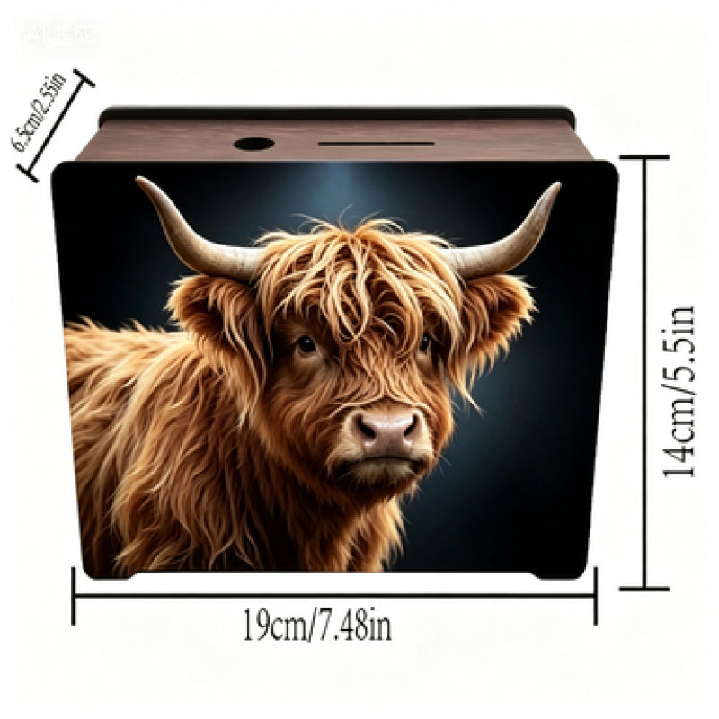 Tirelire boîte en bois vache des Highlands, 2 motifs au choix