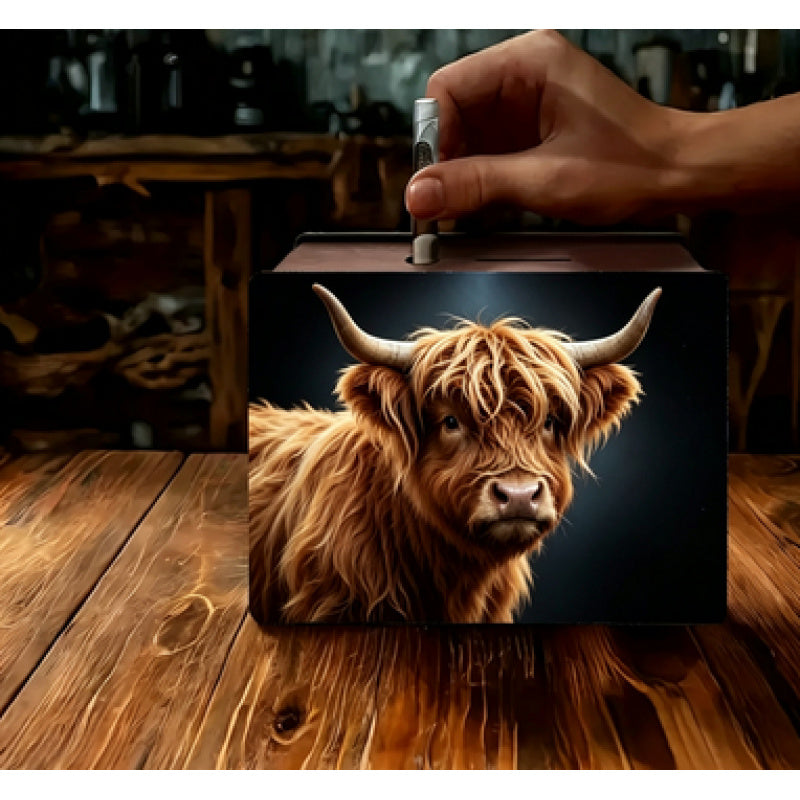 Tirelire boîte en bois vache des Highlands, 2 motifs au choix