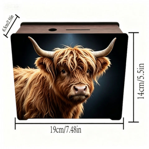 Tirelire boîte en bois vache des Highlands, 2 motifs au choix