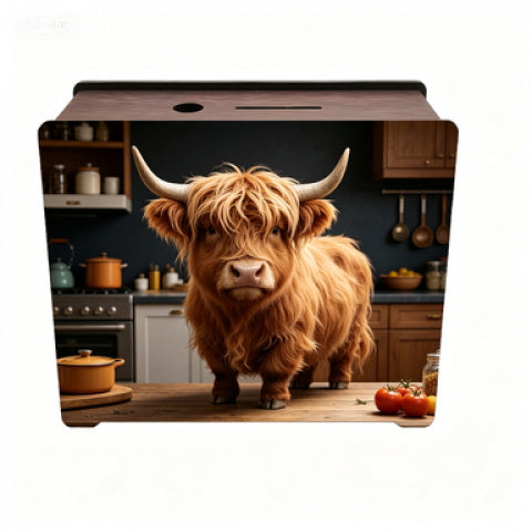 Tirelire boîte en bois vache des Highlands, 2 motifs au choix