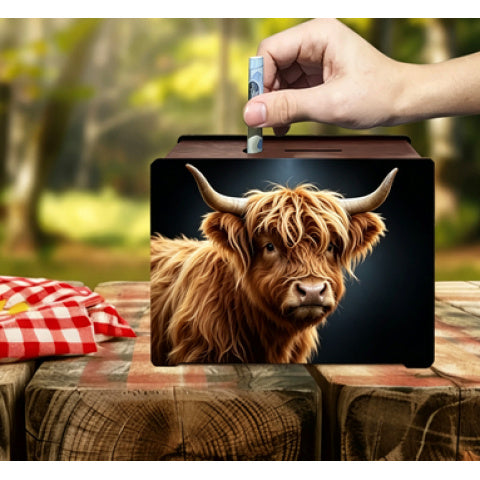 Tirelire boîte en bois vache des Highlands, 2 motifs au choix