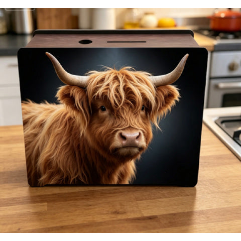 Tirelire boîte en bois vache des Highlands, 2 motifs au choix
