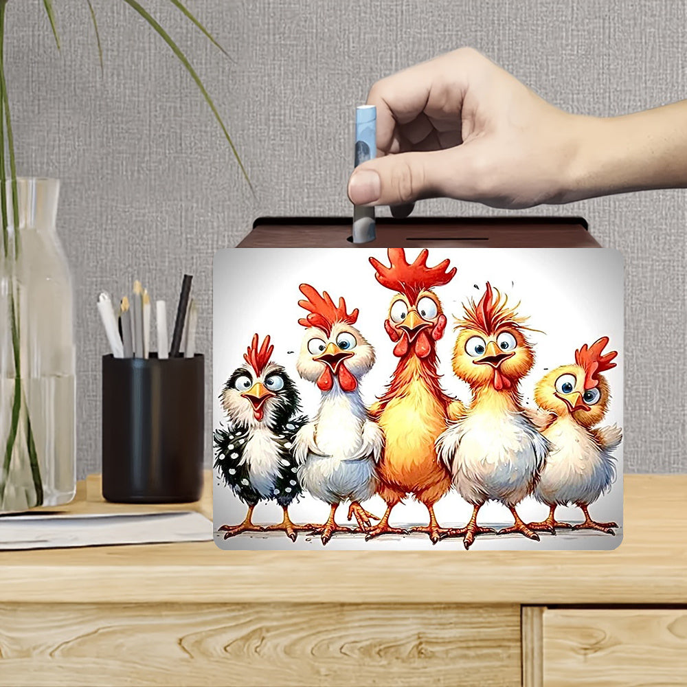 Tirelire boîte en bois cinq poules ébouriffées, décor 2D